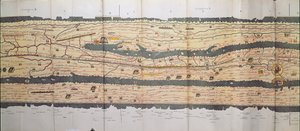 Tabula Peutingeriana（Peutingerテーブル、Peutinger Map）の一部。Peutingerマップコピーからイタリアのローマ帝国の詳細にある道路網のイラスト付き旅程表